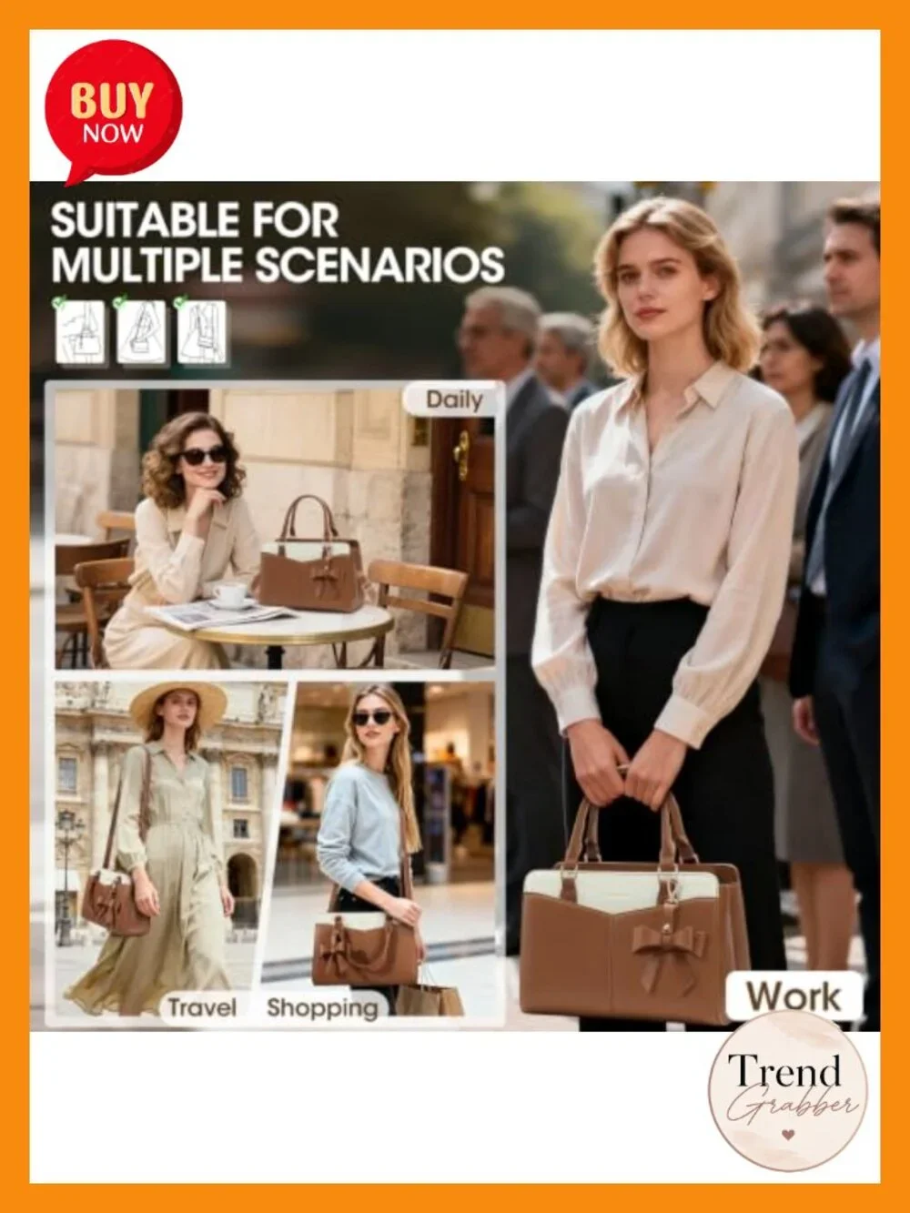 Women's PU Leather Structured Satchel Purse, 3-Way Carry Work Handbag Fits iPad